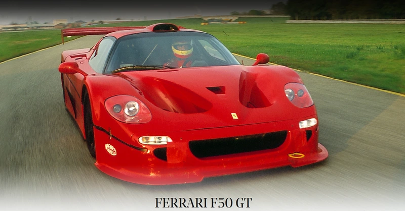 The ultra-rare Ferrari F50 GT races at the Yas Marina F1 circuit.